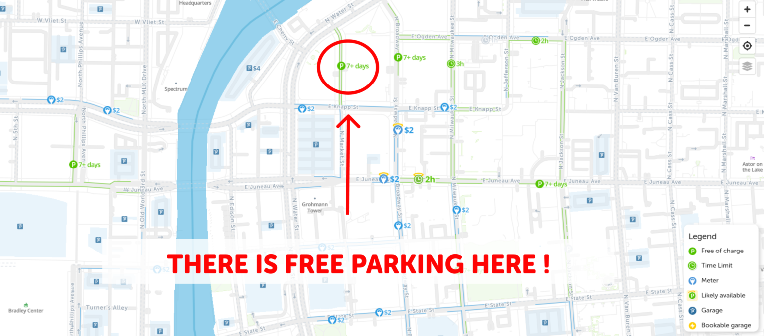 2024 Map of Free Parking in Milwaukee SpotAngels