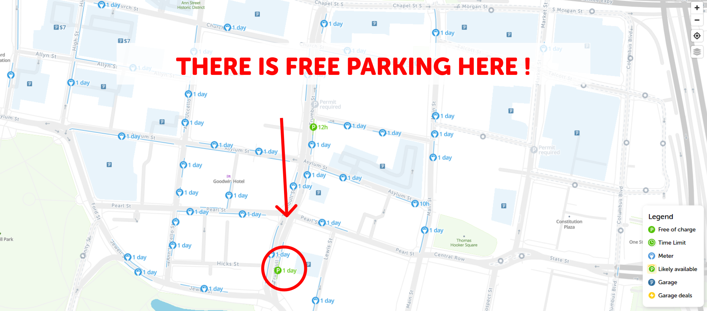 2023 Map of Free Parking in Hartford - SpotAngels