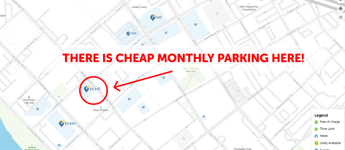 Charleston WV Monthly Parking Map